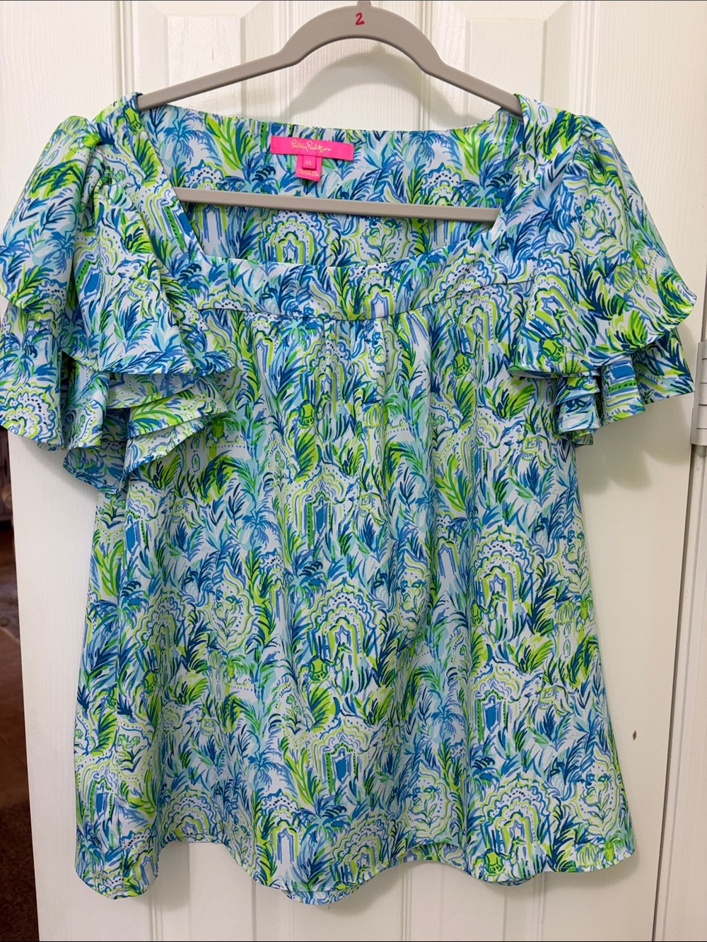 Lilly Pulitzer Blue & Green Ruffle Sleeve Square Neck Top